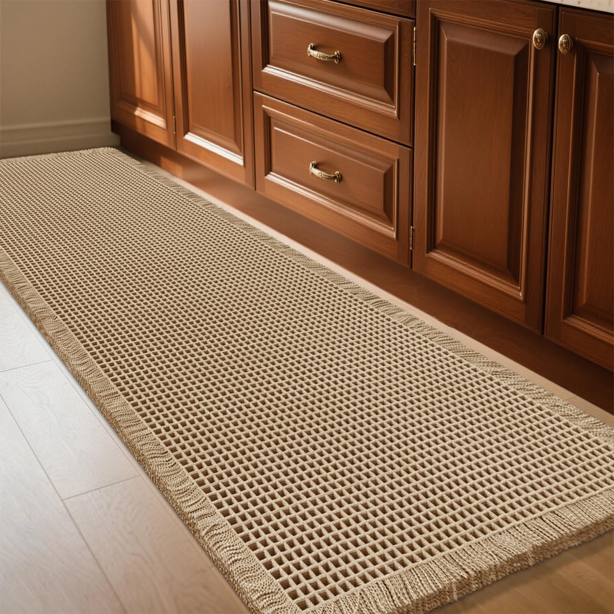 IM HOME Waffle Bath Mat Beige 32"x20", Boho Woven Modern Bath Mat Rugs, Absorbent Non Slip Bathroom Rugs, Soft Washable Bath Rugs with Tassels for Bathroom, Bedroom, Kitchen, Shower, Tub