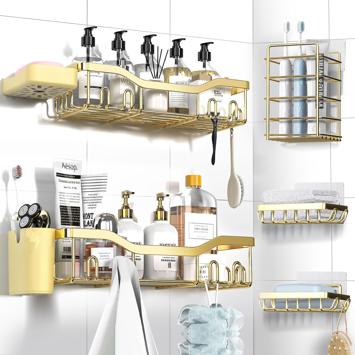 Shower Caddy Adhesive Shower Organizer 7-Pack, Rustproof Stainless Steel Bathroom Shelves, Large Capacity No-Drill Rack Storage Accessories with Soap Dish Toothbrush Holder &24 Hooks Home Decor