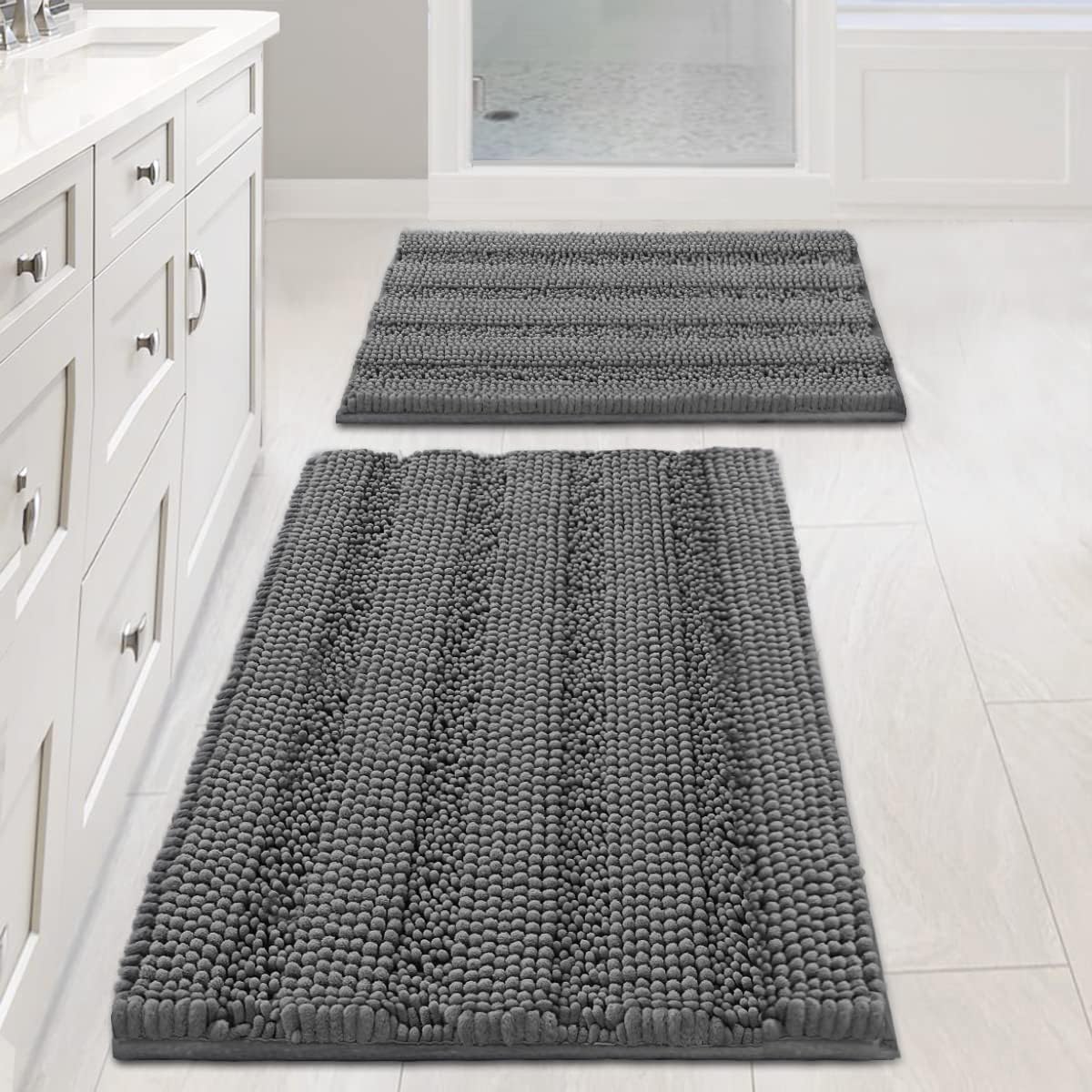 H.VERSAILTEX Sage Bathroom Rugs, Bath Mat Set of 2 Extra Thick Chenille Striped Pattern Shaggy Bath Rugs for Bath Room, Non Skid Bath Mats for Bathroom Floor (32 x 20 Plus 24 x 17 - Inches)