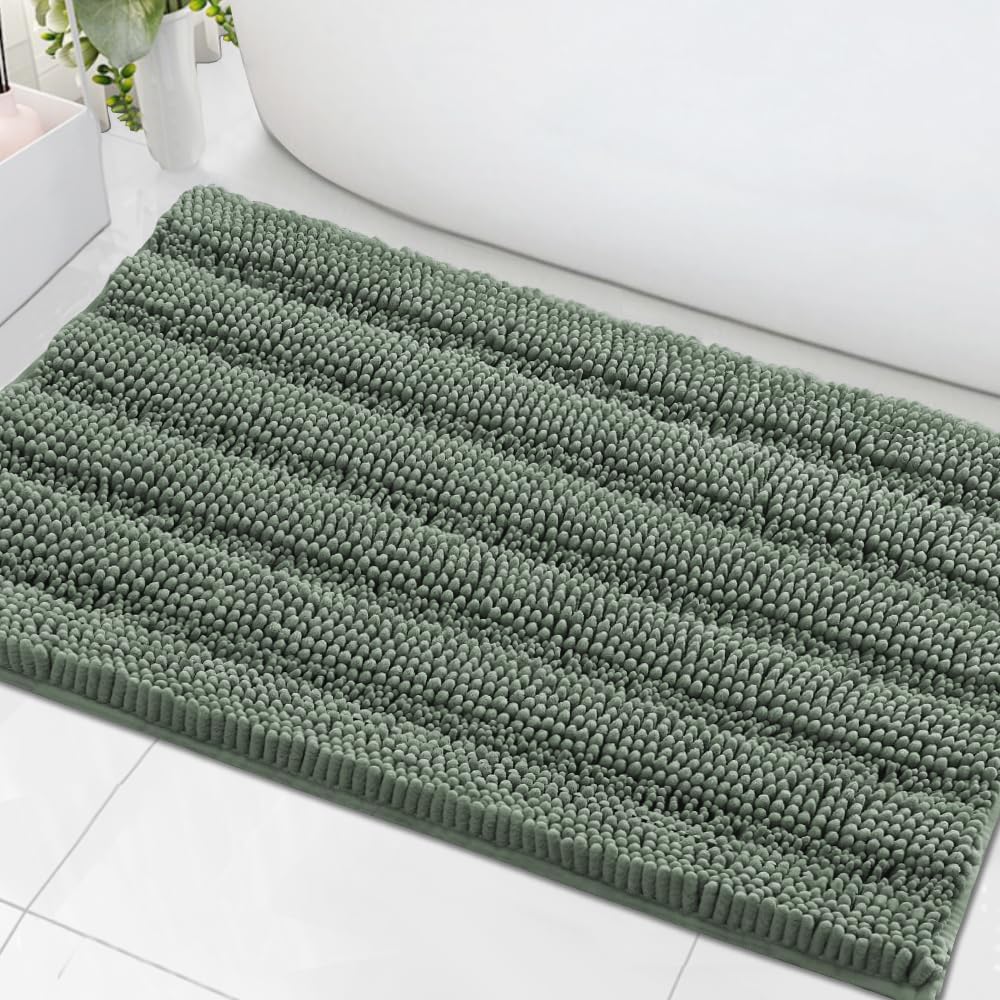 H.VERSAILTEX Sage Bathroom Rugs, Bath Mat Set of 2 Extra Thick Chenille Striped Pattern Shaggy Bath Rugs for Bath Room, Non Skid Bath Mats for Bathroom Floor (32 x 20 Plus 24 x 17 - Inches)