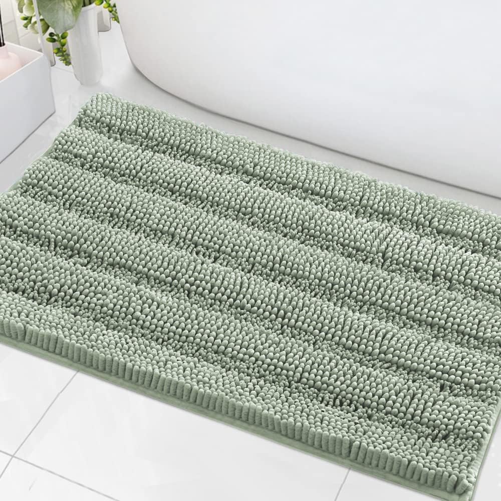 H.VERSAILTEX Sage Bathroom Rugs, Bath Mat Set of 2 Extra Thick Chenille Striped Pattern Shaggy Bath Rugs for Bath Room, Non Skid Bath Mats for Bathroom Floor (32 x 20 Plus 24 x 17 - Inches)