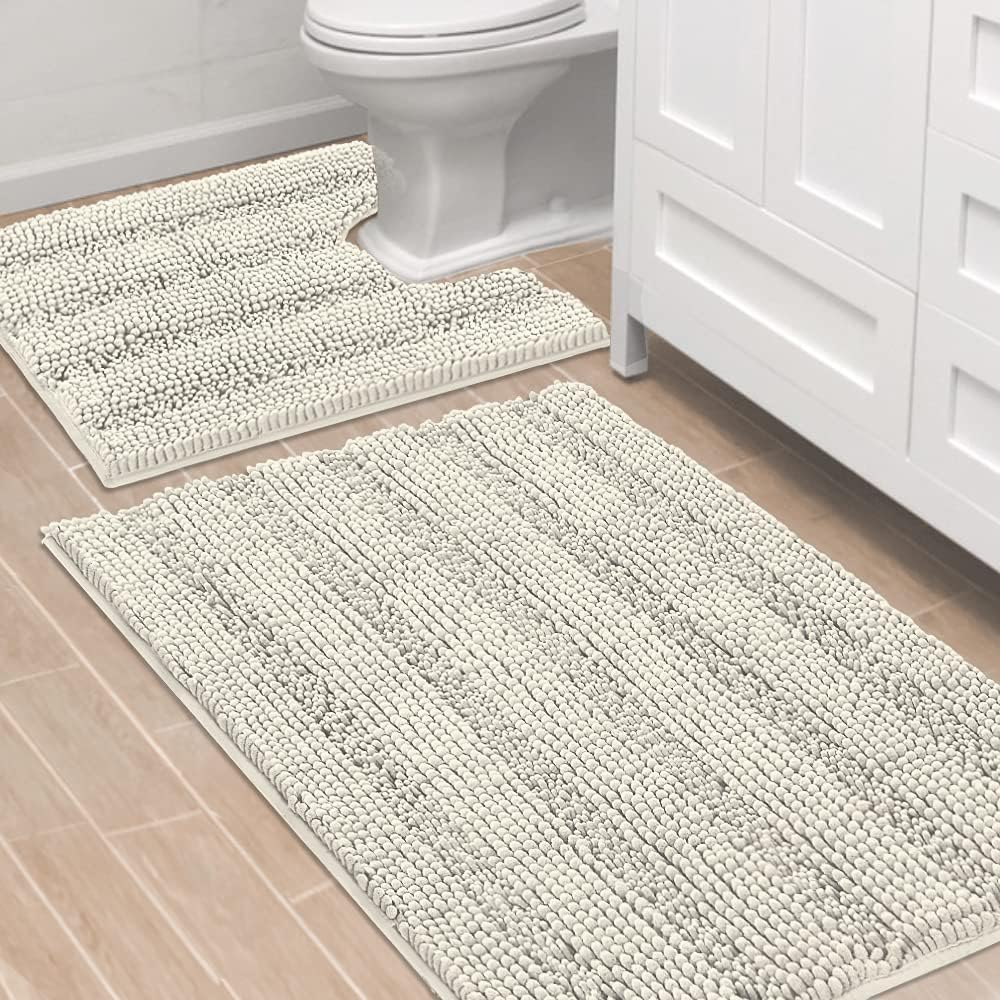 H.VERSAILTEX Sage Bathroom Rugs, Bath Mat Set of 2 Extra Thick Chenille Striped Pattern Shaggy Bath Rugs for Bath Room, Non Skid Bath Mats for Bathroom Floor (32 x 20 Plus 24 x 17 - Inches)