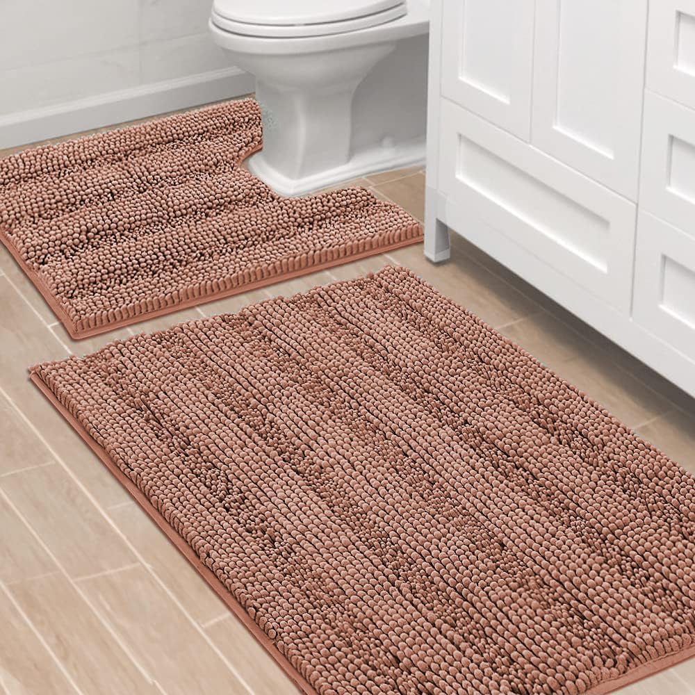 H.VERSAILTEX Sage Bathroom Rugs, Bath Mat Set of 2 Extra Thick Chenille Striped Pattern Shaggy Bath Rugs for Bath Room, Non Skid Bath Mats for Bathroom Floor (32 x 20 Plus 24 x 17 - Inches)