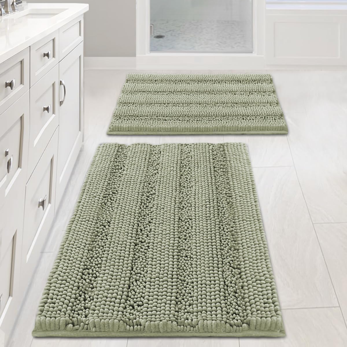 H.VERSAILTEX Sage Bathroom Rugs, Bath Mat Set of 2 Extra Thick Chenille Striped Pattern Shaggy Bath Rugs for Bath Room, Non Skid Bath Mats for Bathroom Floor (32 x 20 Plus 24 x 17 - Inches)