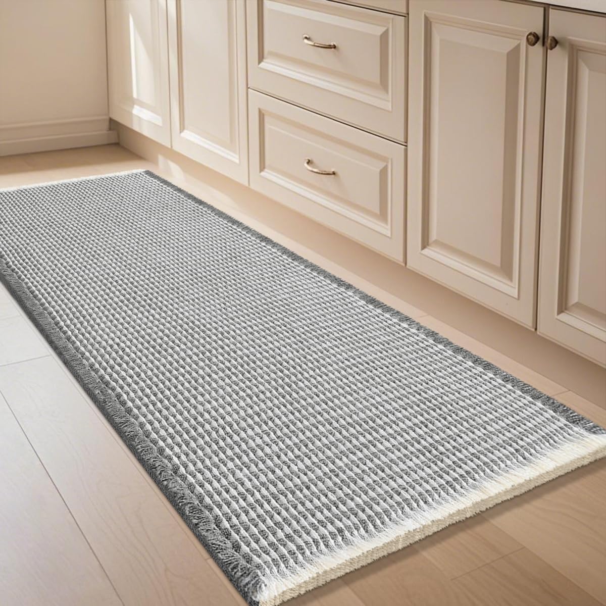 IM HOME Waffle Bath Mat Beige 32"x20", Boho Woven Modern Bath Mat Rugs, Absorbent Non Slip Bathroom Rugs, Soft Washable Bath Rugs with Tassels for Bathroom, Bedroom, Kitchen, Shower, Tub