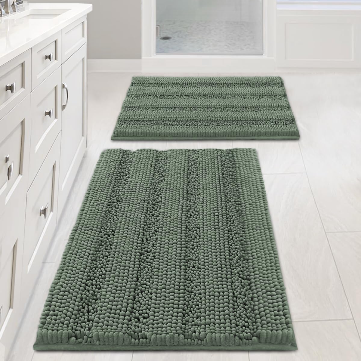 H.VERSAILTEX Sage Bathroom Rugs, Bath Mat Set of 2 Extra Thick Chenille Striped Pattern Shaggy Bath Rugs for Bath Room, Non Skid Bath Mats for Bathroom Floor (32 x 20 Plus 24 x 17 - Inches)