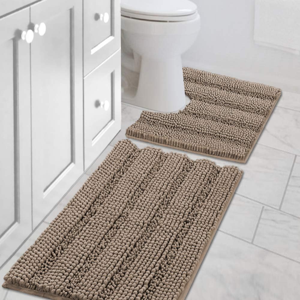 H.VERSAILTEX Sage Bathroom Rugs, Bath Mat Set of 2 Extra Thick Chenille Striped Pattern Shaggy Bath Rugs for Bath Room, Non Skid Bath Mats for Bathroom Floor (32 x 20 Plus 24 x 17 - Inches)