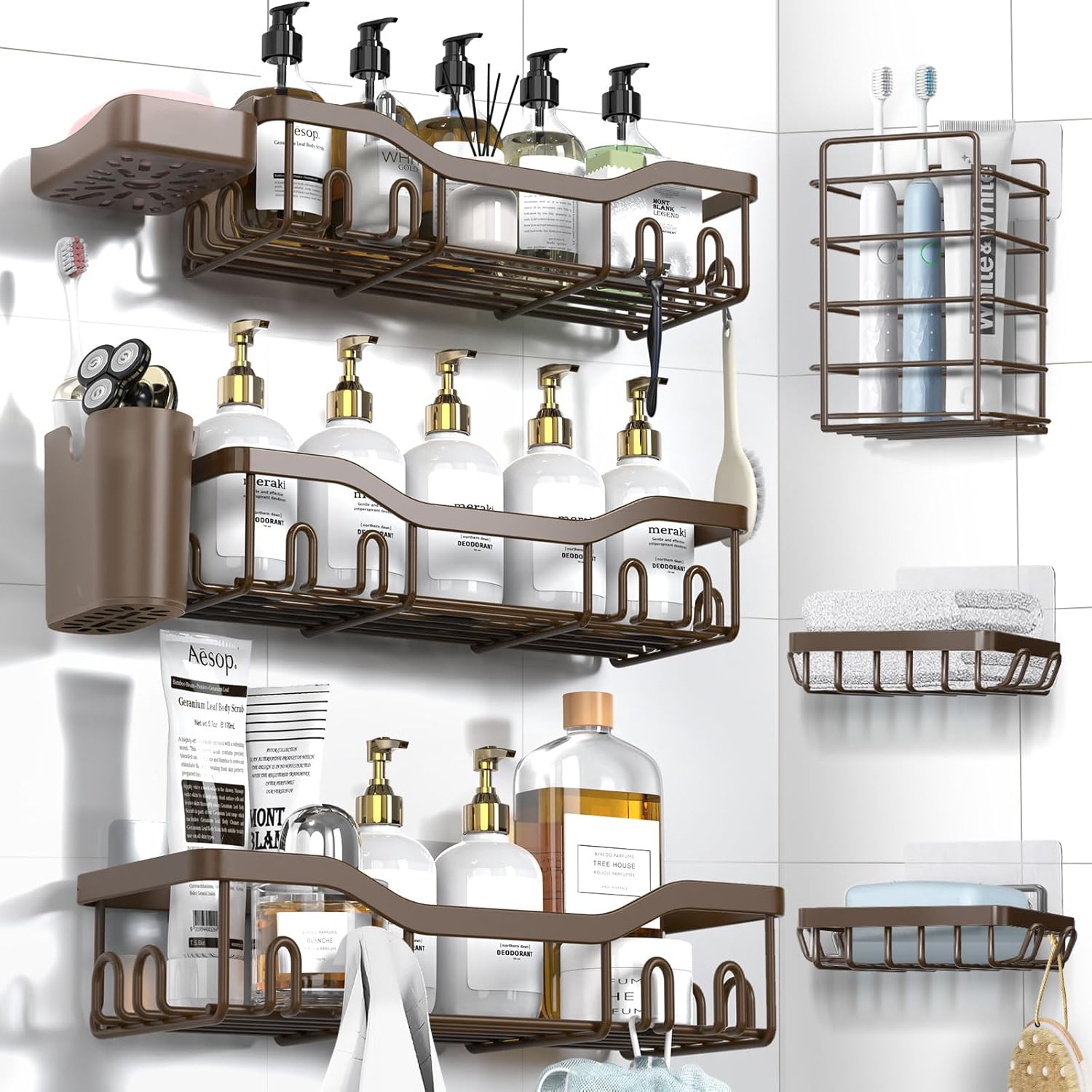 Shower Caddy Adhesive Shower Organizer 7-Pack, Rustproof Stainless Steel Bathroom Shelves, Large Capacity No-Drill Rack Storage Accessories with Soap Dish Toothbrush Holder &24 Hooks Home Decor