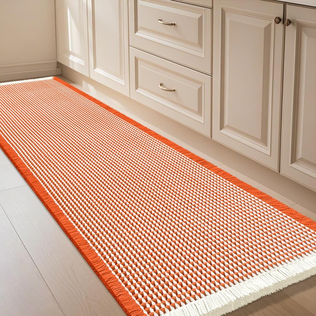 IM HOME Waffle Bath Mat Beige 32"x20", Boho Woven Modern Bath Mat Rugs, Absorbent Non Slip Bathroom Rugs, Soft Washable Bath Rugs with Tassels for Bathroom, Bedroom, Kitchen, Shower, Tub