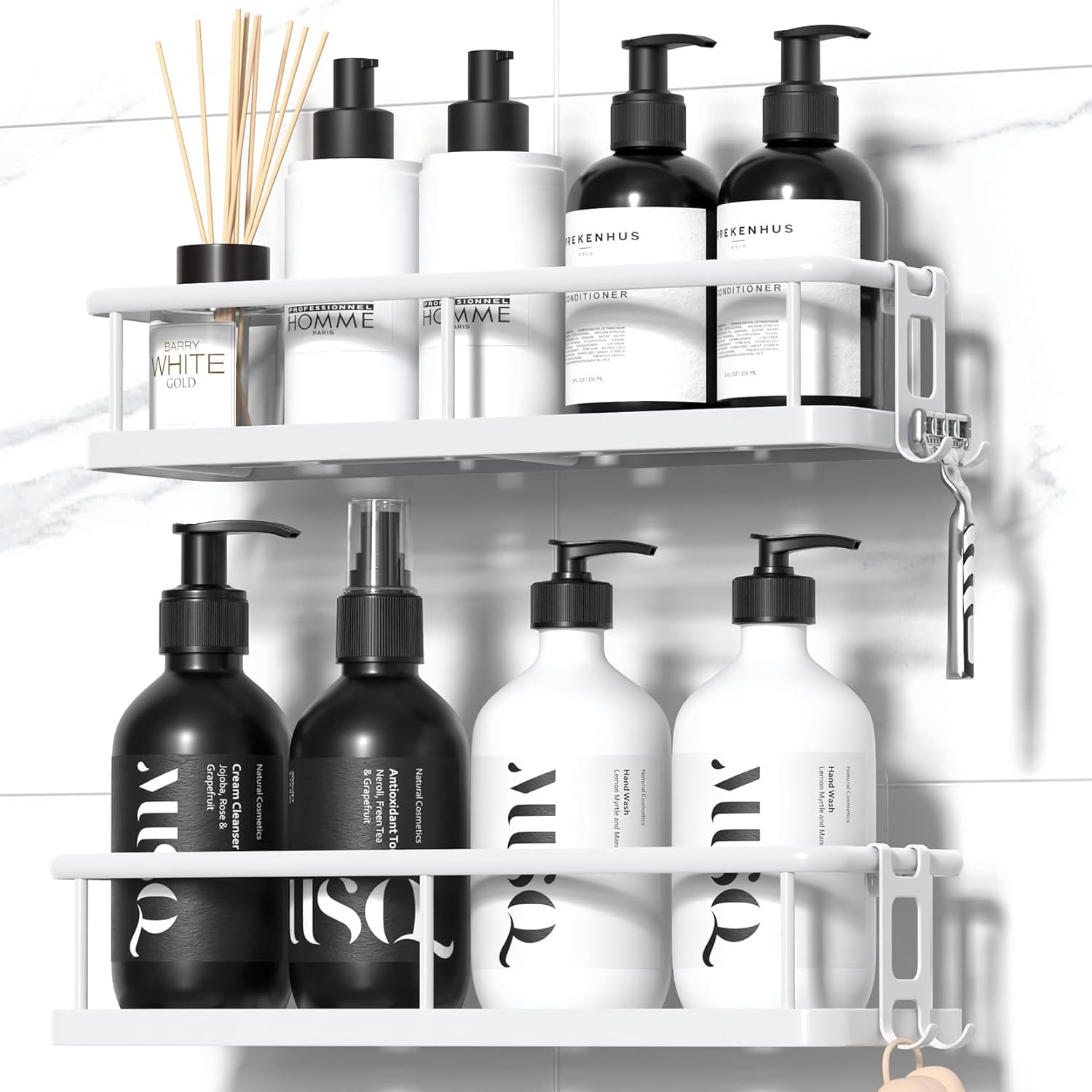 YASONIC Shower Caddy Adhesive, Rustproof Shower Shelves for Inside Shower, Large Capacity Bathroom Organizers and Storage, Shower Storage with Removable Hooks, No Drill Bathroom Accessories Black