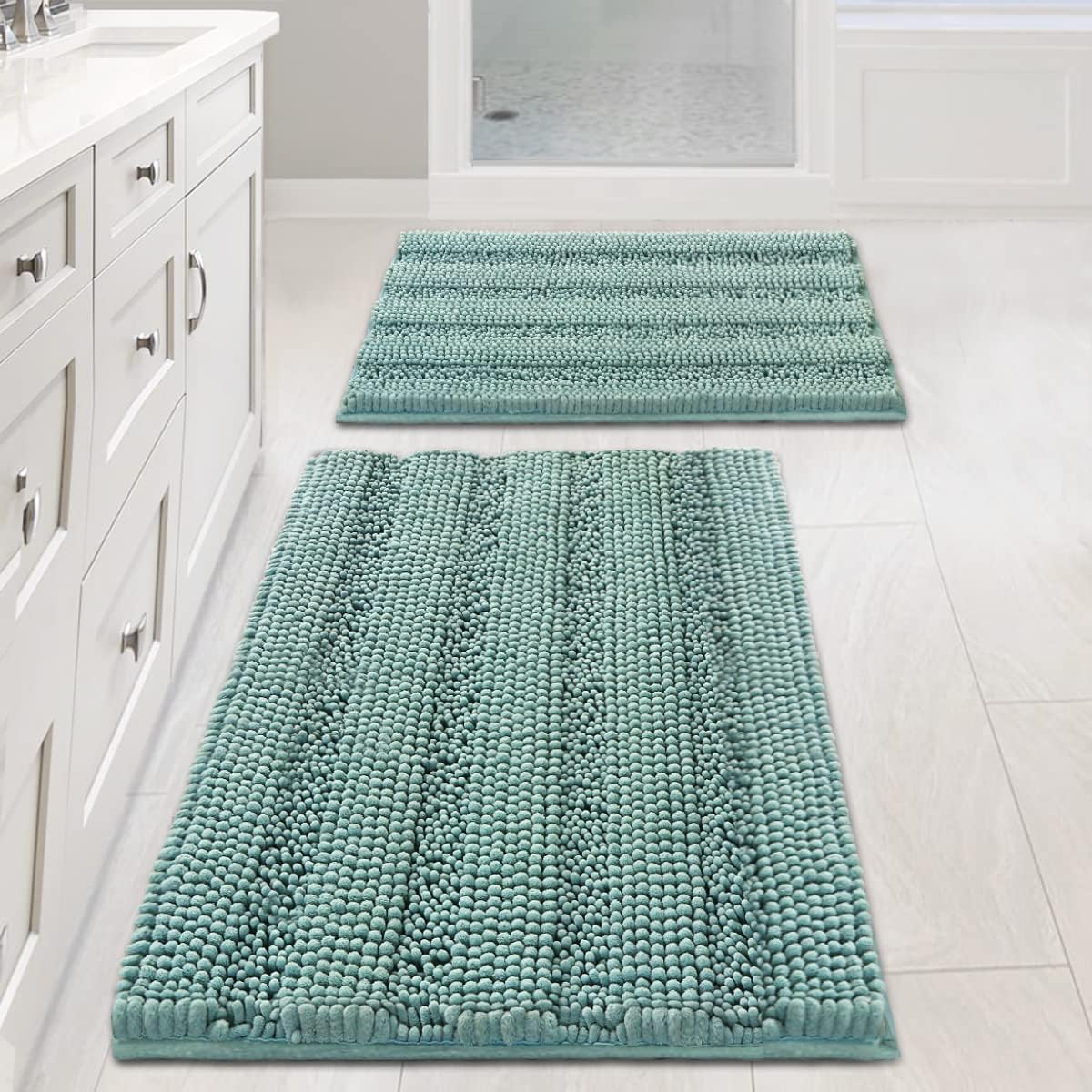 H.VERSAILTEX Sage Bathroom Rugs, Bath Mat Set of 2 Extra Thick Chenille Striped Pattern Shaggy Bath Rugs for Bath Room, Non Skid Bath Mats for Bathroom Floor (32 x 20 Plus 24 x 17 - Inches)