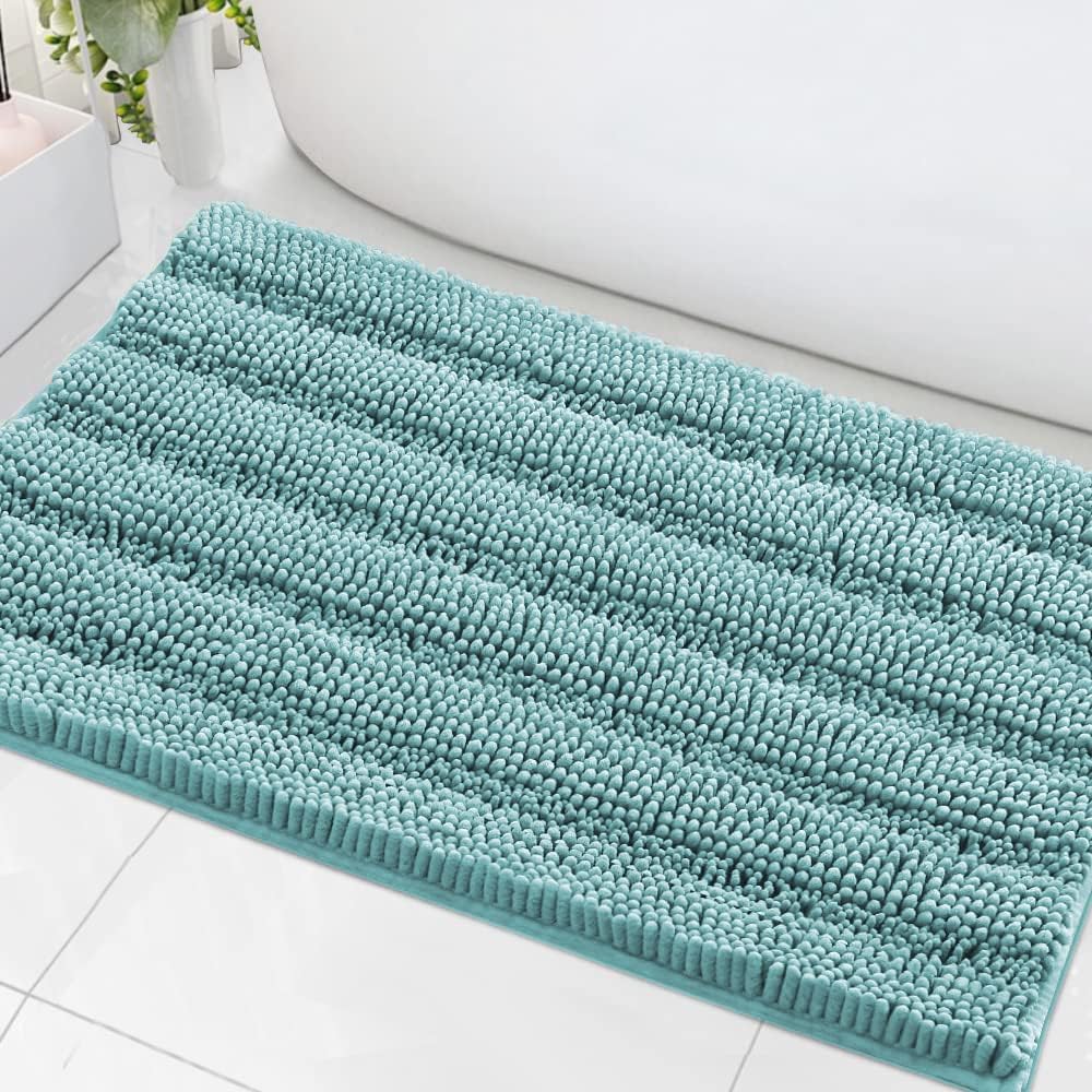 H.VERSAILTEX Sage Bathroom Rugs, Bath Mat Set of 2 Extra Thick Chenille Striped Pattern Shaggy Bath Rugs for Bath Room, Non Skid Bath Mats for Bathroom Floor (32 x 20 Plus 24 x 17 - Inches)