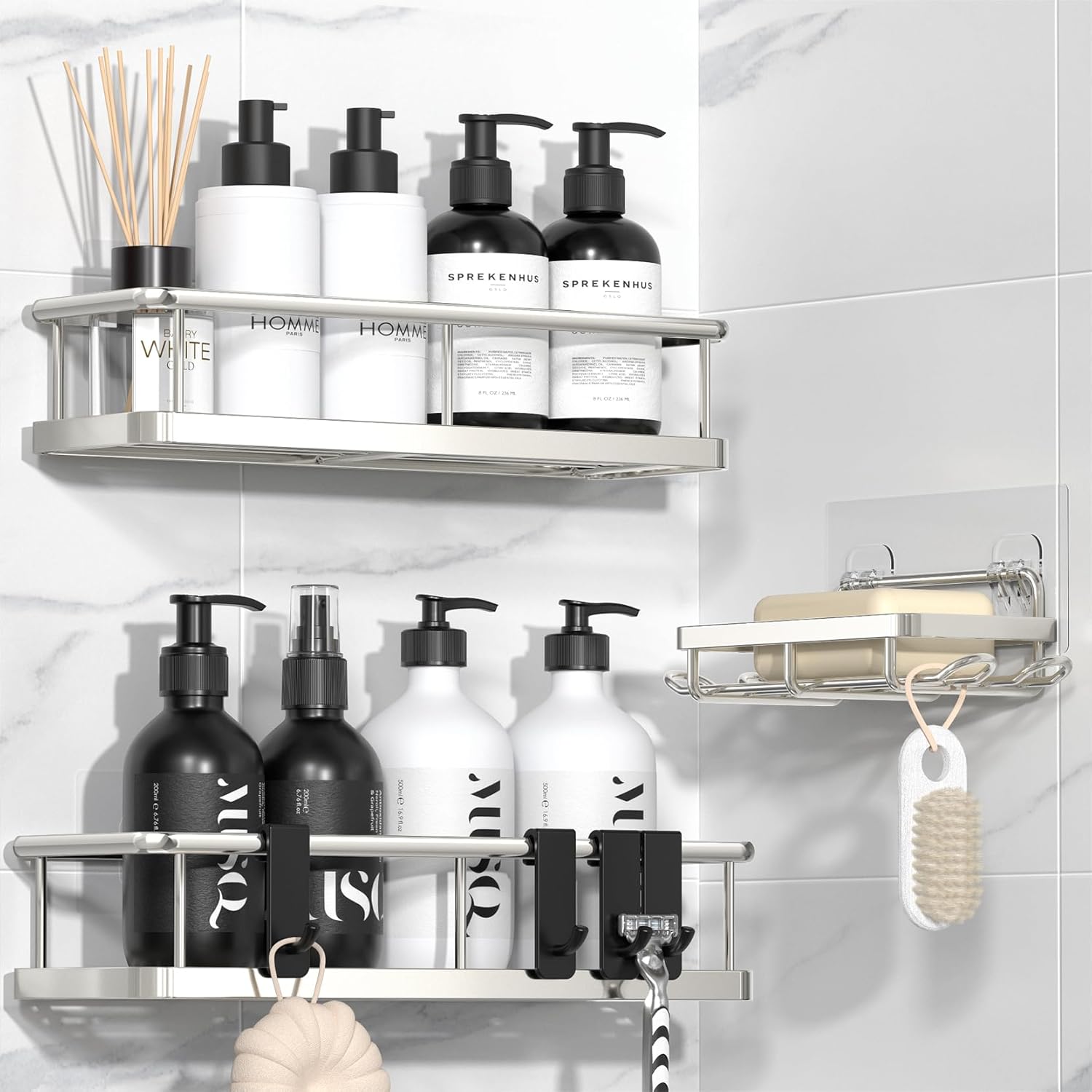 YASONIC Shower Caddy Adhesive, Rustproof Shower Shelves for Inside Shower, Large Capacity Bathroom Organizers and Storage, Shower Storage with Removable Hooks, No Drill Bathroom Accessories Black