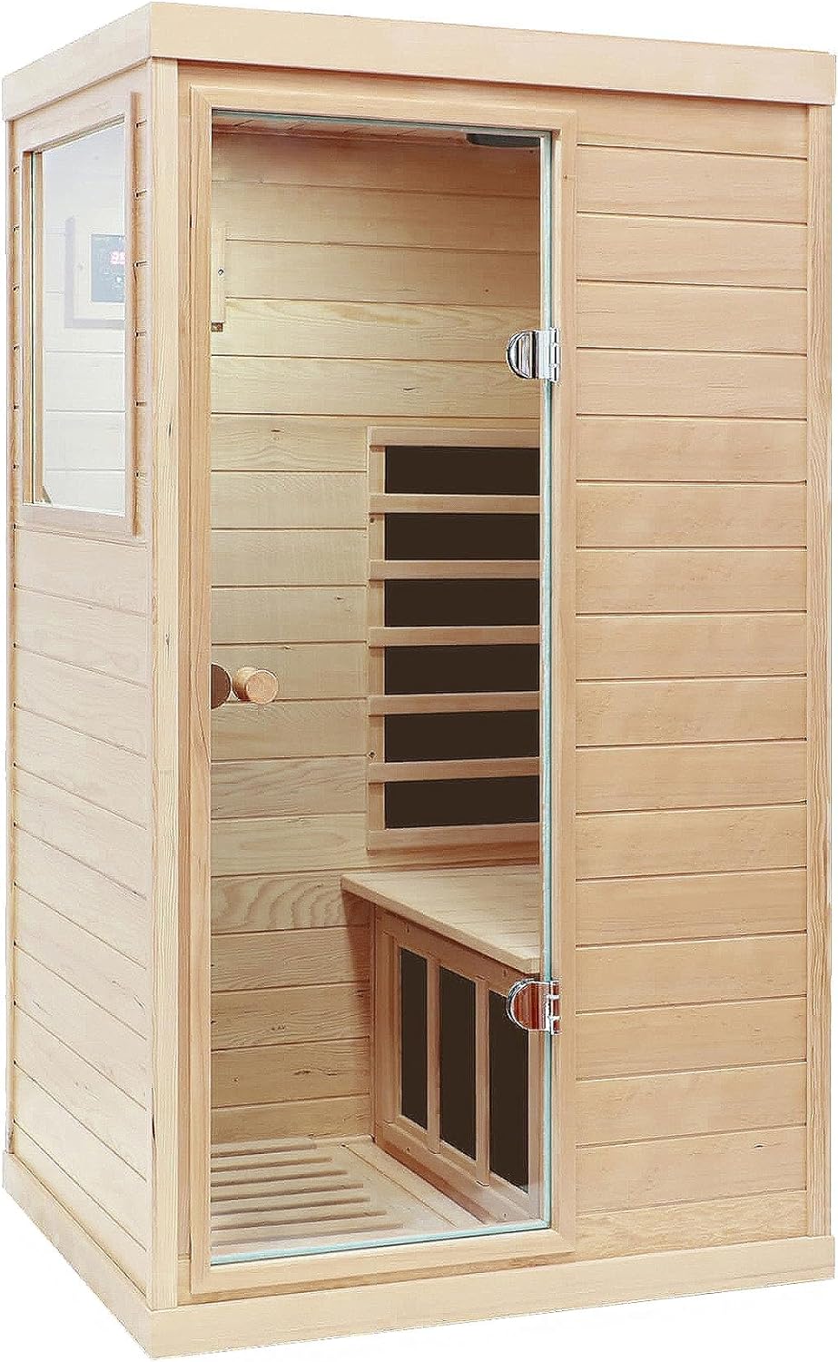 Far Infrared Sauna 1 Person Infrared Sauna Room Canadian Hemlock Wooden Sauna for Home, 1300W Low-EMF Indoor Saunas with Control Panel, Bluetooth Speakers, LED Reading Lamp, Tempered Glass Door