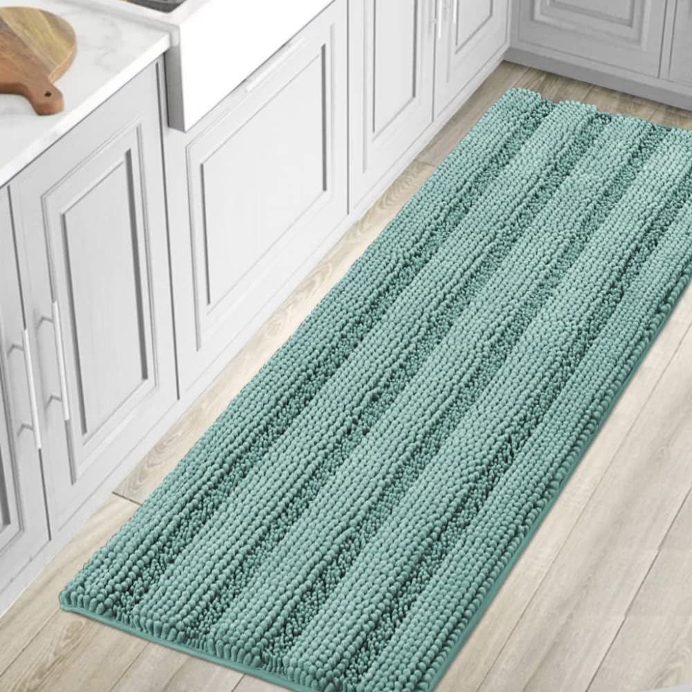 H.VERSAILTEX Sage Bathroom Rugs, Bath Mat Set of 2 Extra Thick Chenille Striped Pattern Shaggy Bath Rugs for Bath Room, Non Skid Bath Mats for Bathroom Floor (32 x 20 Plus 24 x 17 - Inches)