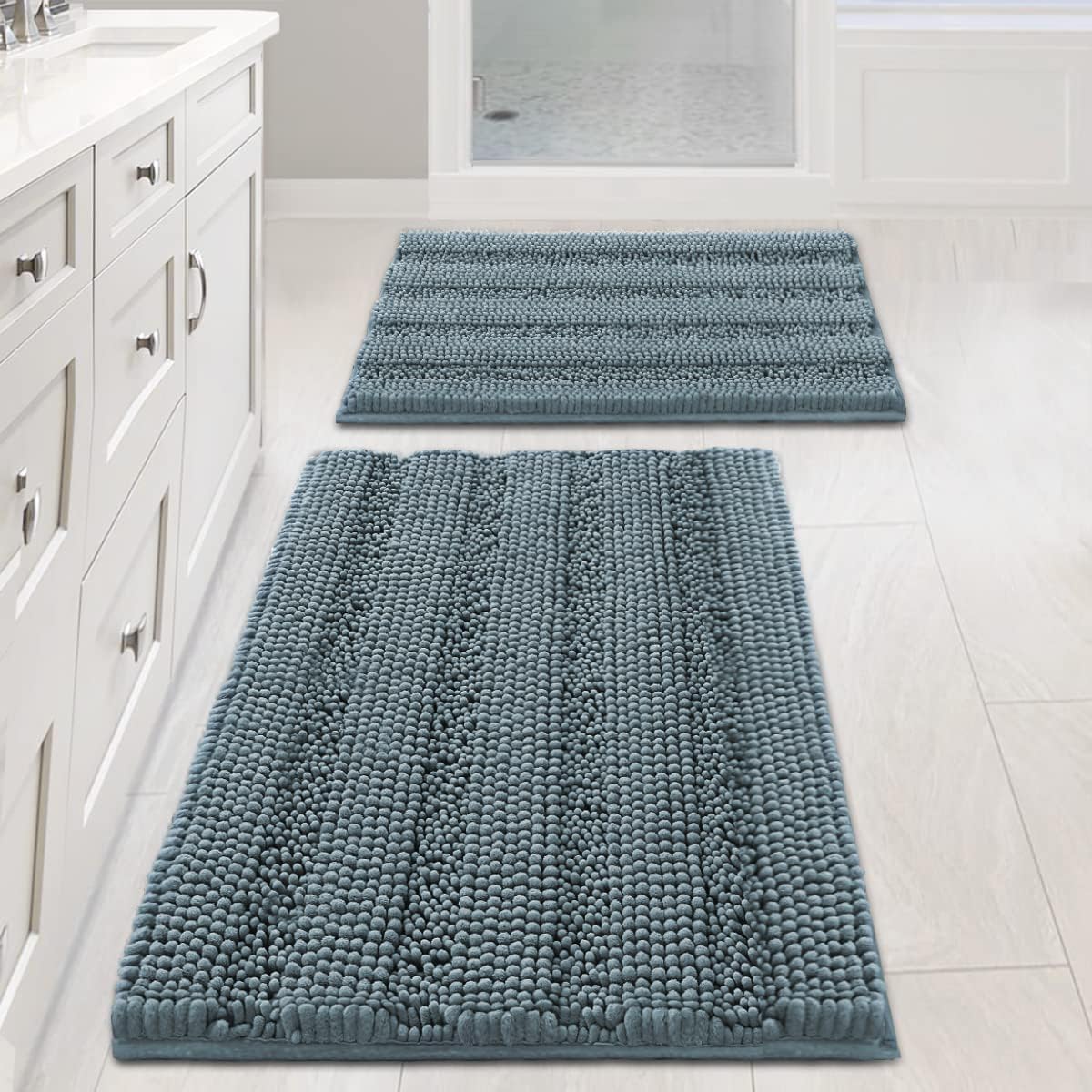 H.VERSAILTEX Sage Bathroom Rugs, Bath Mat Set of 2 Extra Thick Chenille Striped Pattern Shaggy Bath Rugs for Bath Room, Non Skid Bath Mats for Bathroom Floor (32 x 20 Plus 24 x 17 - Inches)