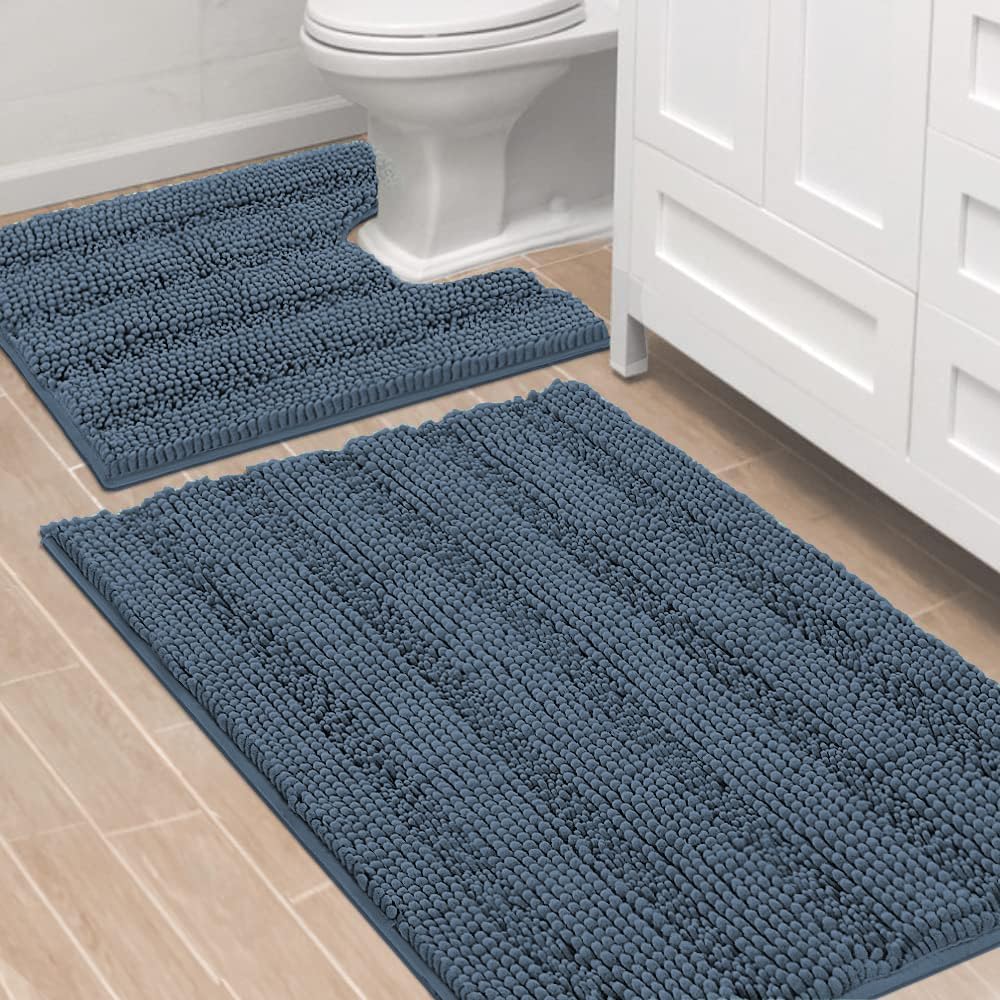 H.VERSAILTEX Sage Bathroom Rugs, Bath Mat Set of 2 Extra Thick Chenille Striped Pattern Shaggy Bath Rugs for Bath Room, Non Skid Bath Mats for Bathroom Floor (32 x 20 Plus 24 x 17 - Inches)
