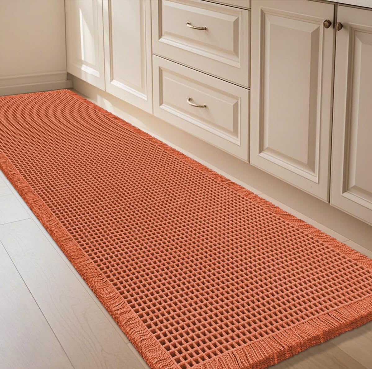 IM HOME Waffle Bath Mat Beige 32"x20", Boho Woven Modern Bath Mat Rugs, Absorbent Non Slip Bathroom Rugs, Soft Washable Bath Rugs with Tassels for Bathroom, Bedroom, Kitchen, Shower, Tub