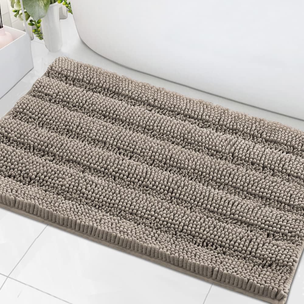 H.VERSAILTEX Sage Bathroom Rugs, Bath Mat Set of 2 Extra Thick Chenille Striped Pattern Shaggy Bath Rugs for Bath Room, Non Skid Bath Mats for Bathroom Floor (32 x 20 Plus 24 x 17 - Inches)