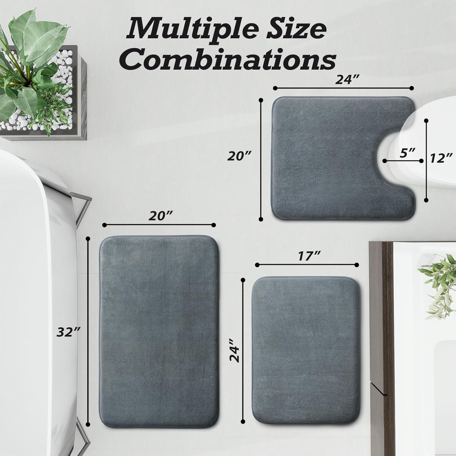 HUXMEYSON Bathroom Rugs Sets 3 Piece, Non-Slip & Quick Dry Bath Mat Set, Ultra Soft Velvet Bath Rugs for Bathroom, Toilet and Shower Floor, Grey