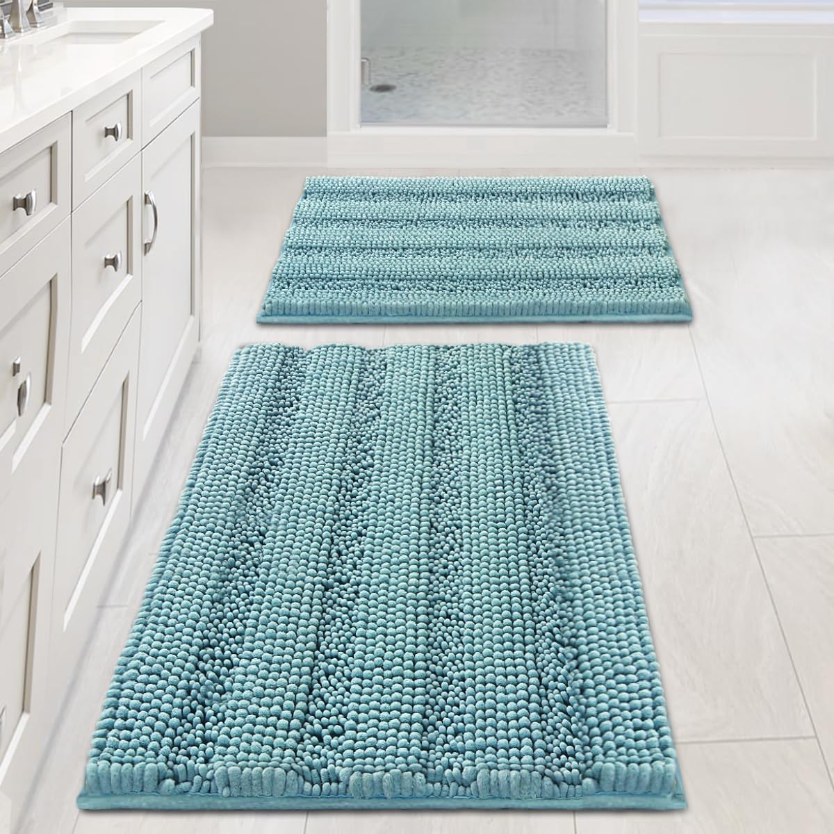 H.VERSAILTEX Sage Bathroom Rugs, Bath Mat Set of 2 Extra Thick Chenille Striped Pattern Shaggy Bath Rugs for Bath Room, Non Skid Bath Mats for Bathroom Floor (32 x 20 Plus 24 x 17 - Inches)