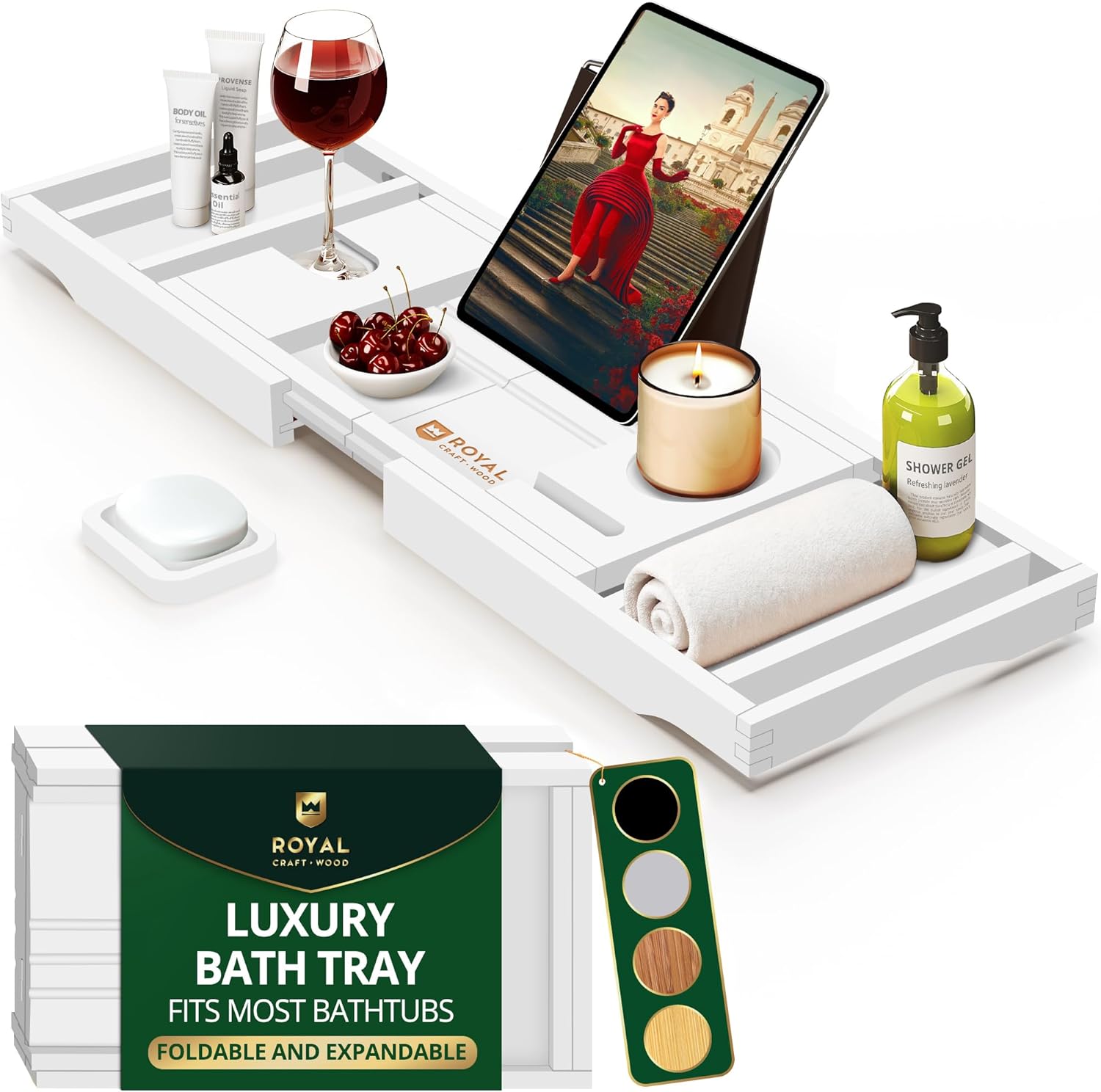 ROYAL CRAFT WOOD Bathtub Tray Caddy for Tub, Bamboo Bath Shelf, Premium Foldable Wood Bath Table, Expandable Bathtub & Bathroom Accessories, New Home Gifts for Mom, Housewarming, Anniversary, Wedding