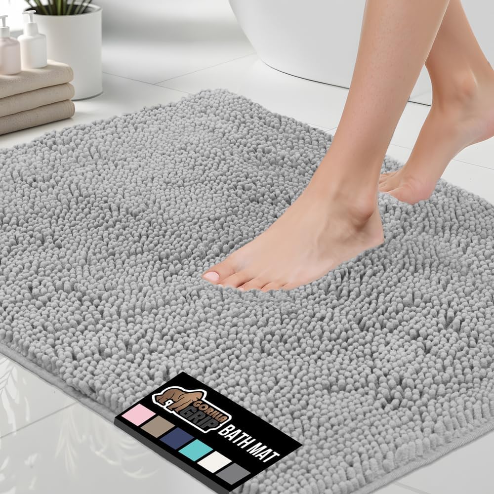 GORILLA GRIP Bath Rug Mat, Thick Soft Absorbent Chenille, Quick Dry Microfiber Mats, Rubber Backing Washable Shower Floor Rugs, US Designed Bathroom Bathmat Home Decor Accessories, 24x17, Grey