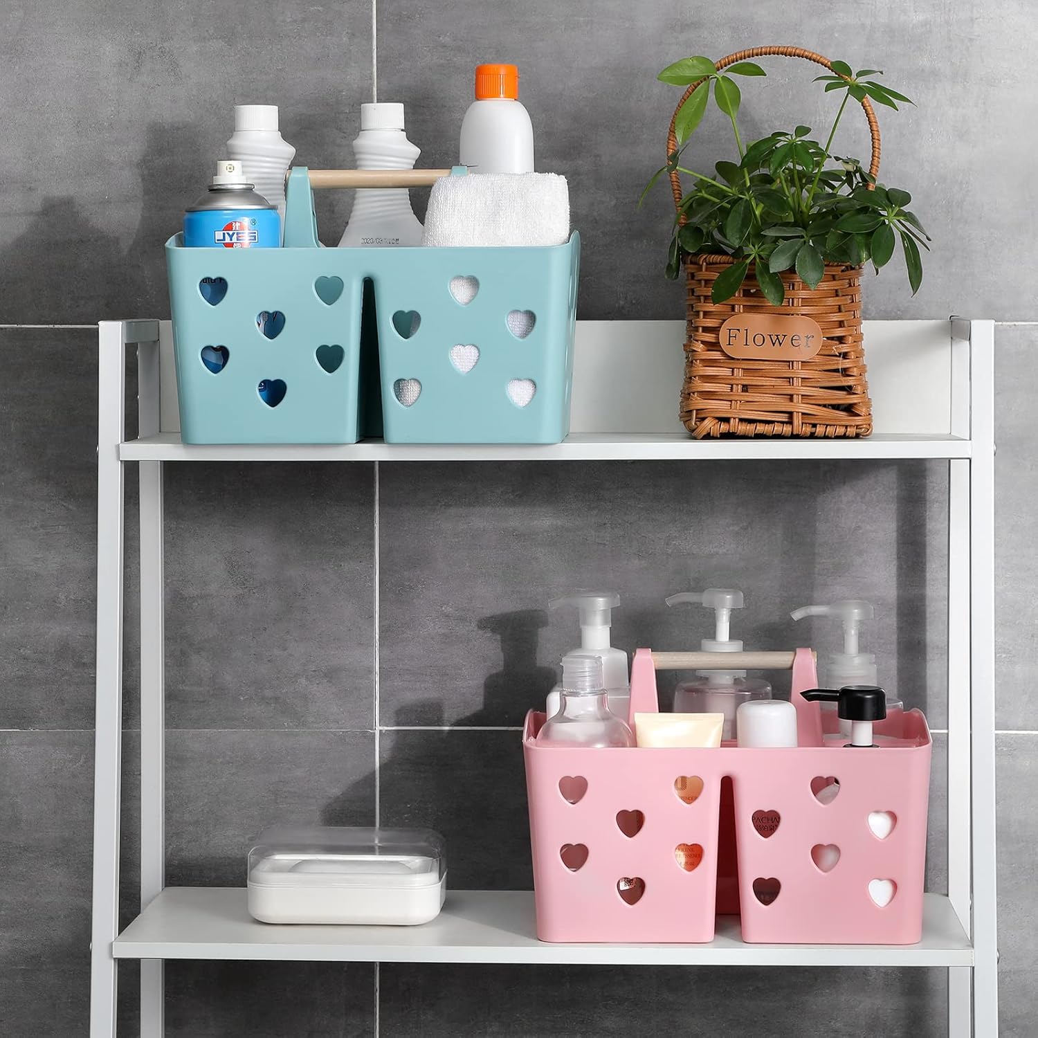 Anyoifax Portable Shower Caddy Plastic Shower Basket Organizer Divided Bathroom Caddy Storage Cleanning Caddy Tote with Handle for College, Dorm Room, Kitchen, Pink