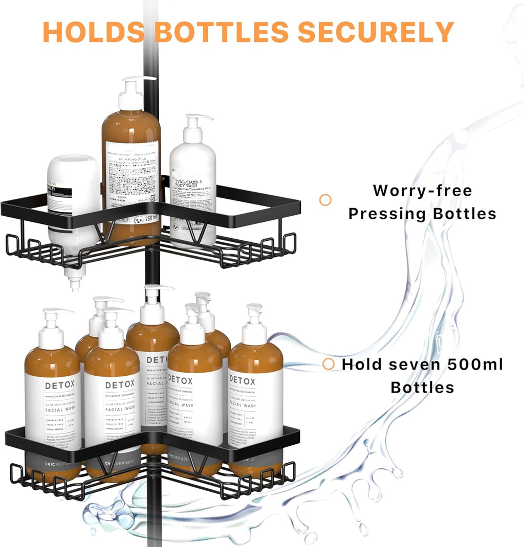 KEGII Corner Shower Caddy Tension Pole - Shower Tension Rod Organizer, Floor to Ceiling Shower Caddy 25-114.2 inch, Towel Rack Corner Waterproof, Black