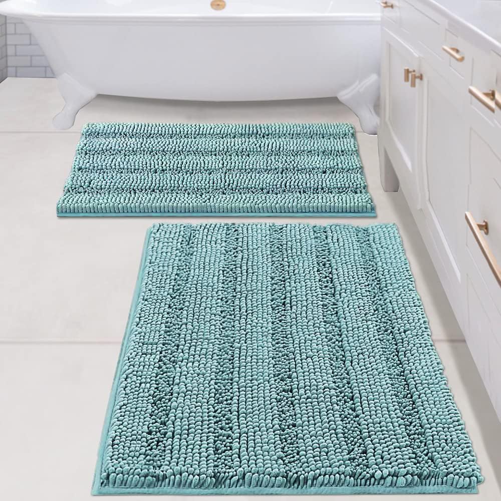 H.VERSAILTEX Sage Bathroom Rugs, Bath Mat Set of 2 Extra Thick Chenille Striped Pattern Shaggy Bath Rugs for Bath Room, Non Skid Bath Mats for Bathroom Floor (32 x 20 Plus 24 x 17 - Inches)