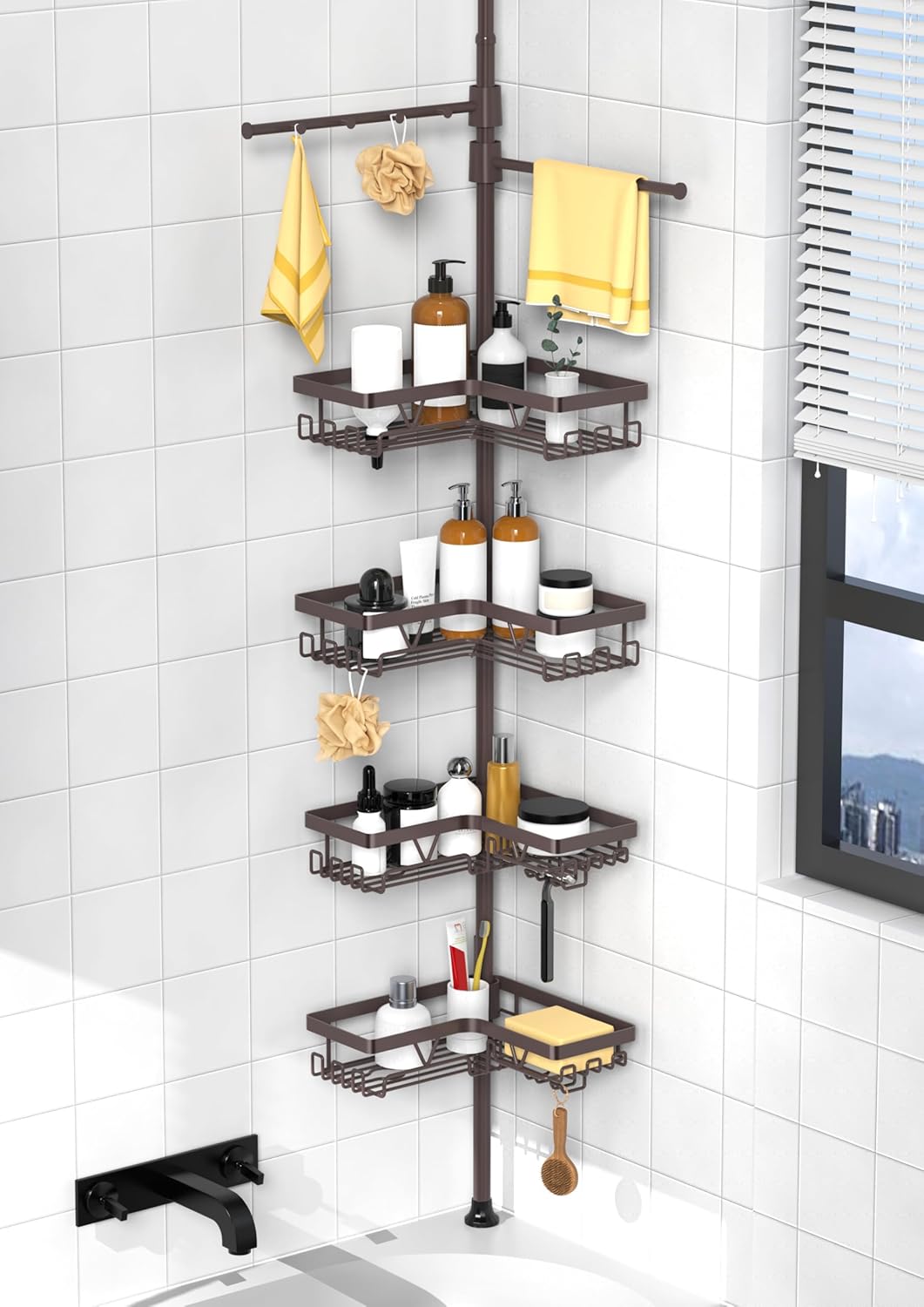 KEGII Corner Shower Caddy Tension Pole - Shower Tension Rod Organizer, Floor to Ceiling Shower Caddy 25-114.2 inch, Towel Rack Corner Waterproof, Black