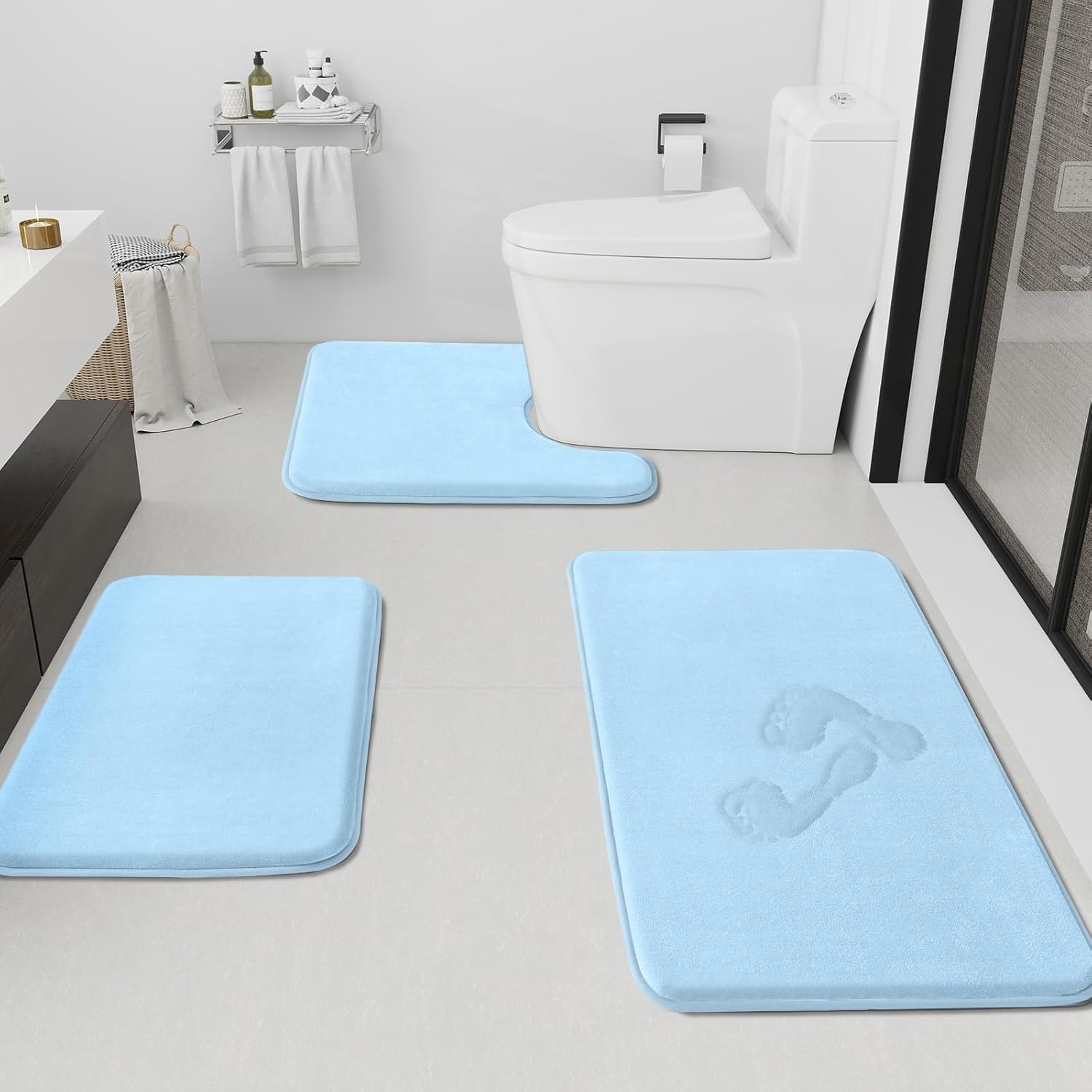 HUXMEYSON Bathroom Rugs Sets 3 Piece, Non-Slip & Quick Dry Bath Mat Set, Ultra Soft Velvet Bath Rugs for Bathroom, Toilet and Shower Floor, Grey