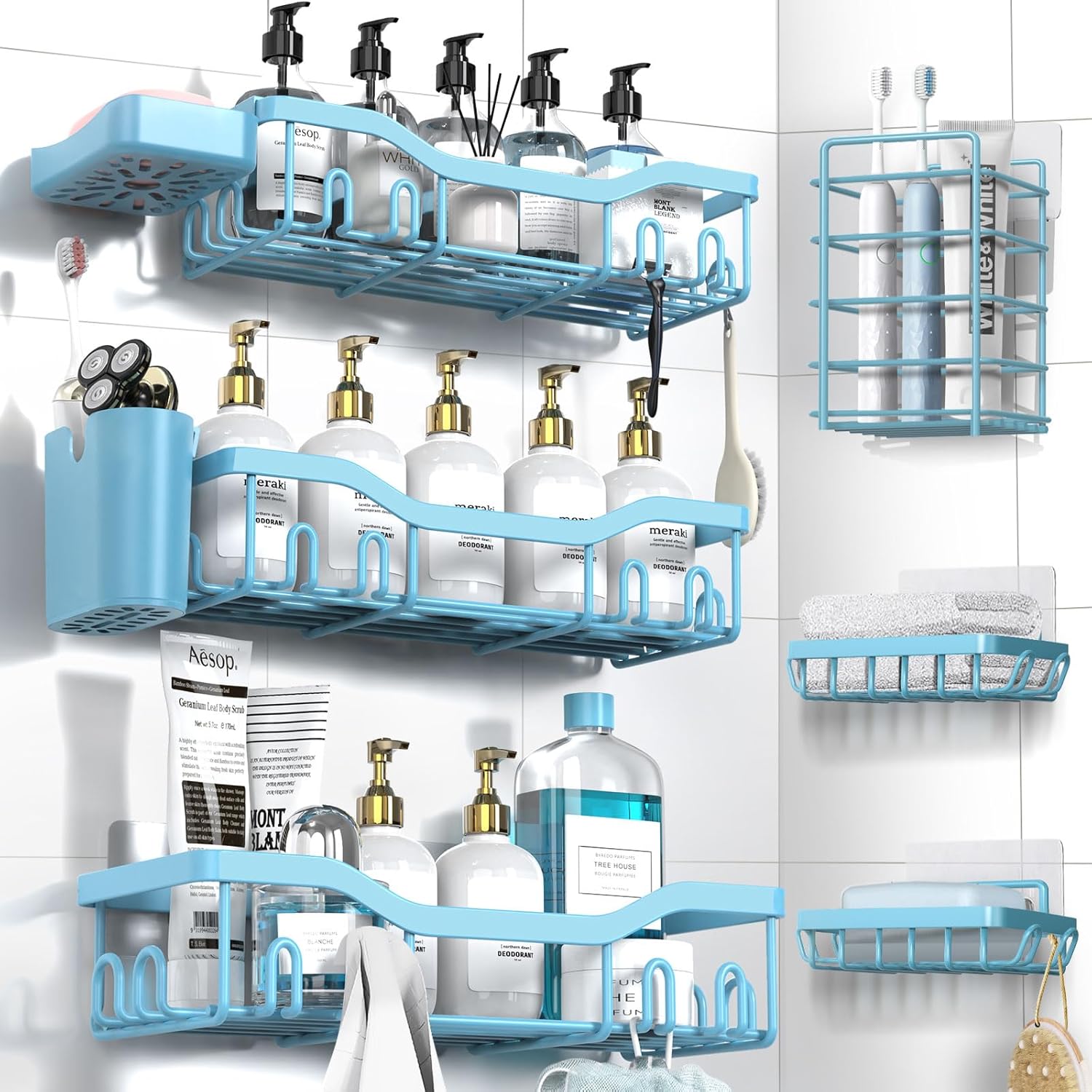 Shower Caddy Adhesive Shower Organizer 7-Pack, Rustproof Stainless Steel Bathroom Shelves, Large Capacity No-Drill Rack Storage Accessories with Soap Dish Toothbrush Holder &24 Hooks Home Decor