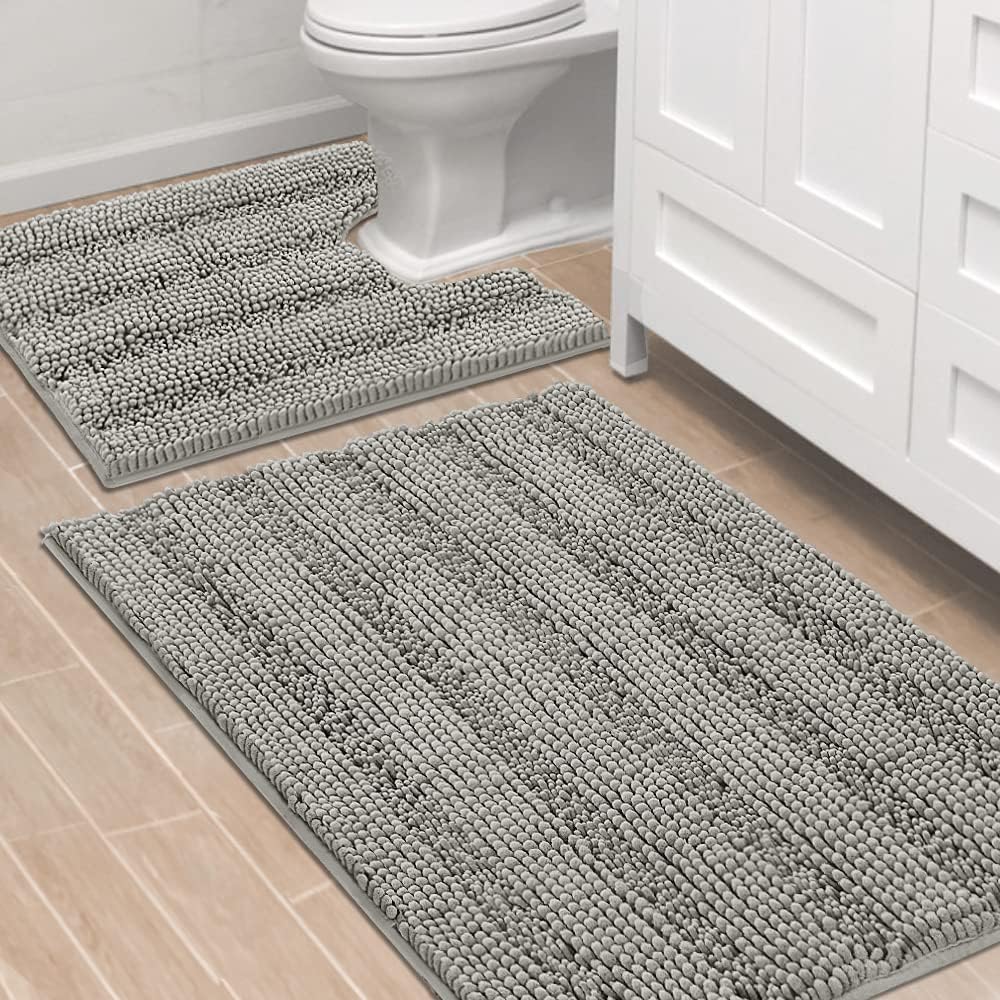 H.VERSAILTEX Sage Bathroom Rugs, Bath Mat Set of 2 Extra Thick Chenille Striped Pattern Shaggy Bath Rugs for Bath Room, Non Skid Bath Mats for Bathroom Floor (32 x 20 Plus 24 x 17 - Inches)