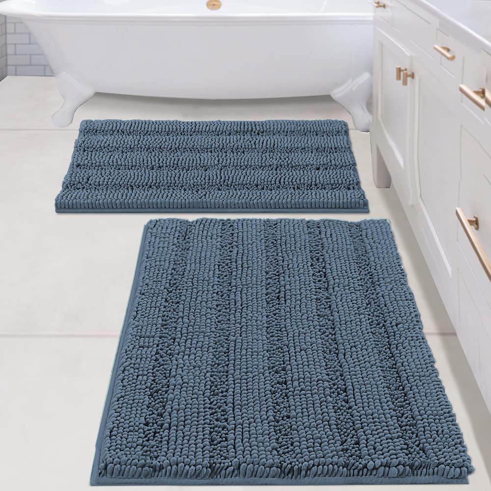 H.VERSAILTEX Sage Bathroom Rugs, Bath Mat Set of 2 Extra Thick Chenille Striped Pattern Shaggy Bath Rugs for Bath Room, Non Skid Bath Mats for Bathroom Floor (32 x 20 Plus 24 x 17 - Inches)