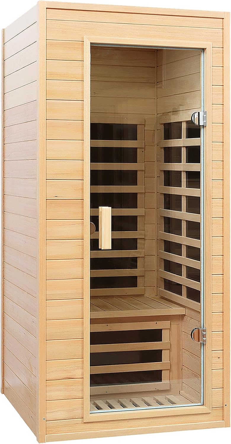 Far Infrared Sauna 1 Person Infrared Sauna Room Canadian Hemlock Wooden Sauna for Home, 1300W Low-EMF Indoor Saunas with Control Panel, Bluetooth Speakers, LED Reading Lamp, Tempered Glass Door