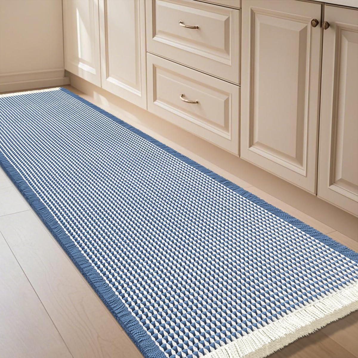 IM HOME Waffle Bath Mat Beige 32"x20", Boho Woven Modern Bath Mat Rugs, Absorbent Non Slip Bathroom Rugs, Soft Washable Bath Rugs with Tassels for Bathroom, Bedroom, Kitchen, Shower, Tub