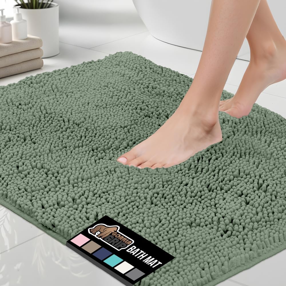 GORILLA GRIP Bath Rug Mat, Thick Soft Absorbent Chenille, Quick Dry Microfiber Mats, Rubber Backing Washable Shower Floor Rugs, US Designed Bathroom Bathmat Home Decor Accessories, 24x17, Grey