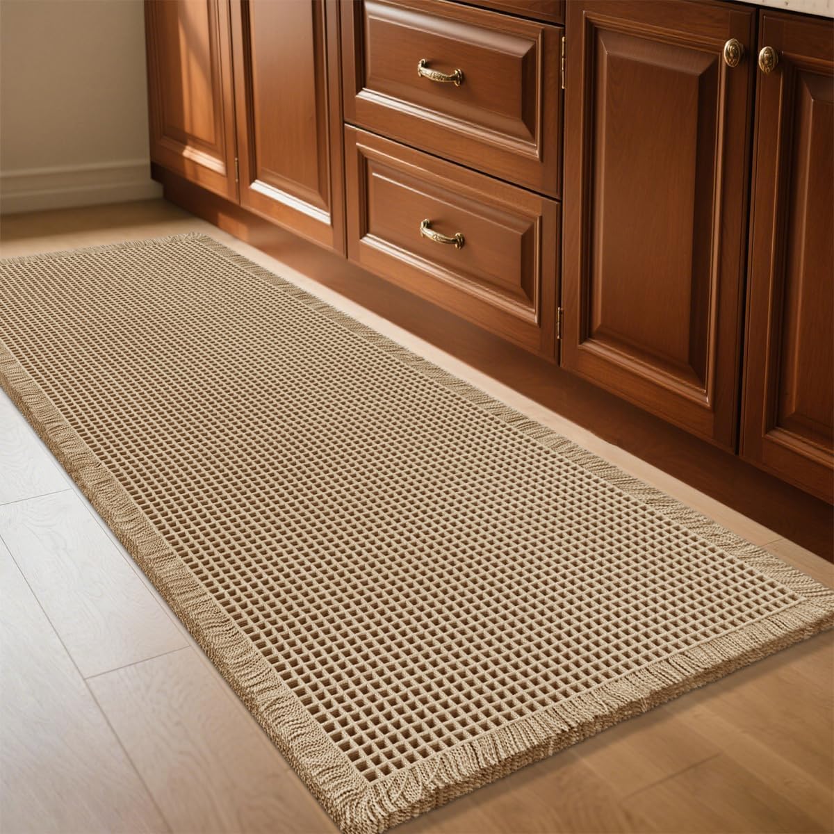 IM HOME Waffle Bath Mat Beige 32"x20", Boho Woven Modern Bath Mat Rugs, Absorbent Non Slip Bathroom Rugs, Soft Washable Bath Rugs with Tassels for Bathroom, Bedroom, Kitchen, Shower, Tub