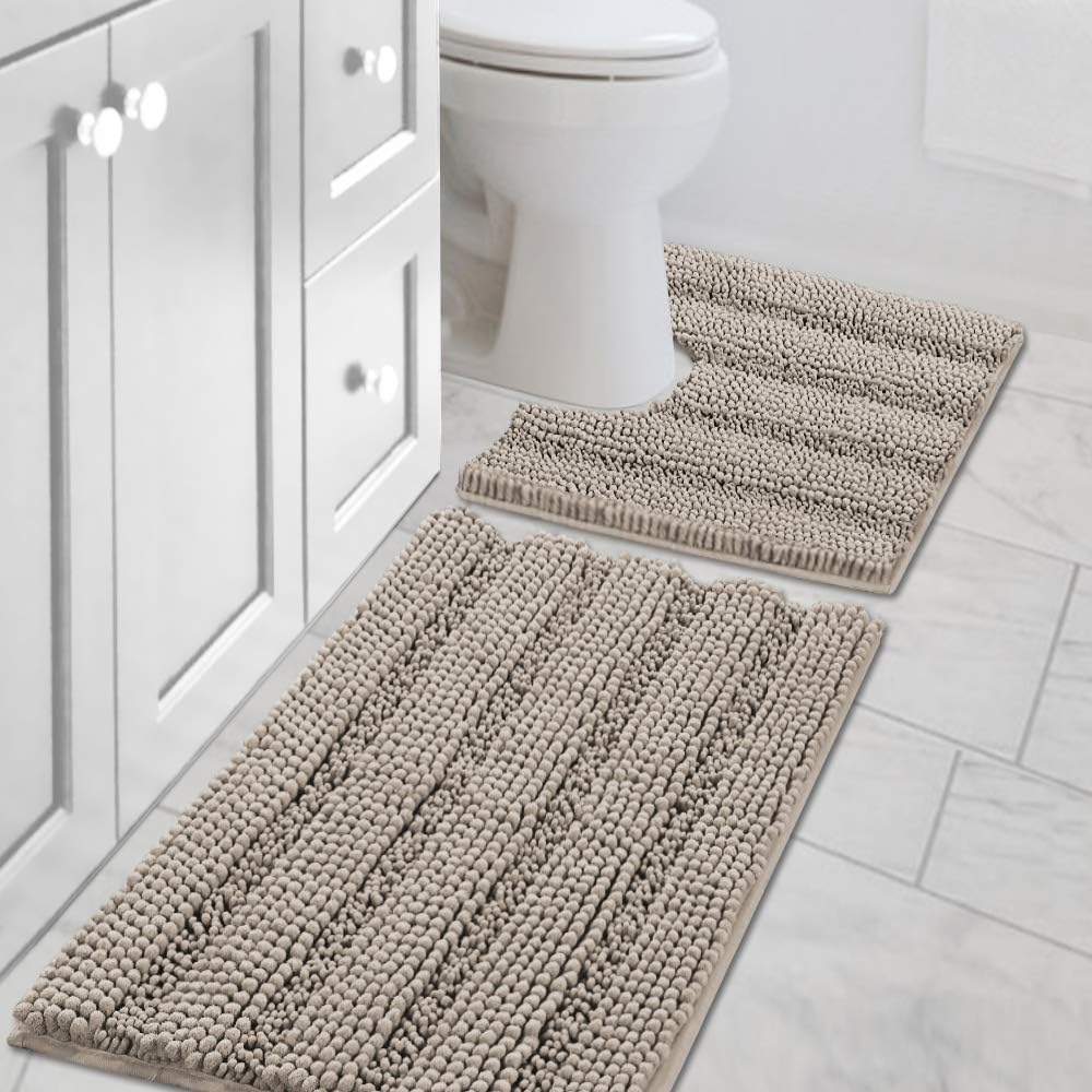 H.VERSAILTEX Sage Bathroom Rugs, Bath Mat Set of 2 Extra Thick Chenille Striped Pattern Shaggy Bath Rugs for Bath Room, Non Skid Bath Mats for Bathroom Floor (32 x 20 Plus 24 x 17 - Inches)