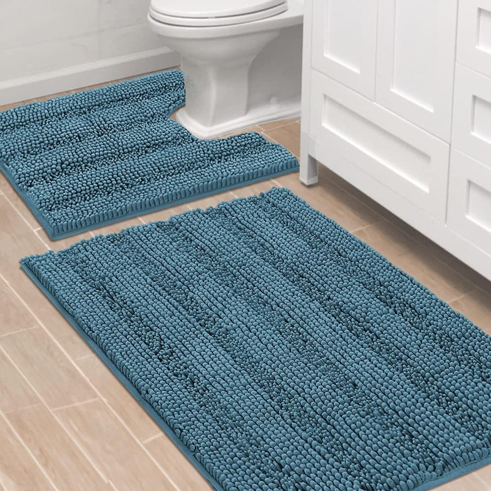 H.VERSAILTEX Sage Bathroom Rugs, Bath Mat Set of 2 Extra Thick Chenille Striped Pattern Shaggy Bath Rugs for Bath Room, Non Skid Bath Mats for Bathroom Floor (32 x 20 Plus 24 x 17 - Inches)