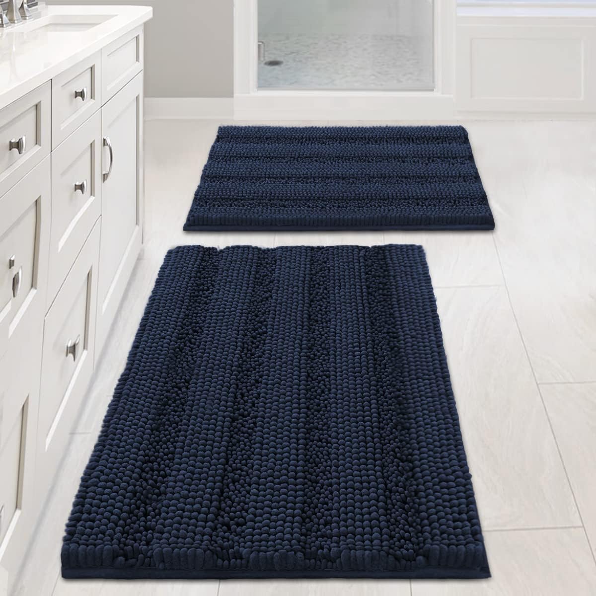H.VERSAILTEX Sage Bathroom Rugs, Bath Mat Set of 2 Extra Thick Chenille Striped Pattern Shaggy Bath Rugs for Bath Room, Non Skid Bath Mats for Bathroom Floor (32 x 20 Plus 24 x 17 - Inches)