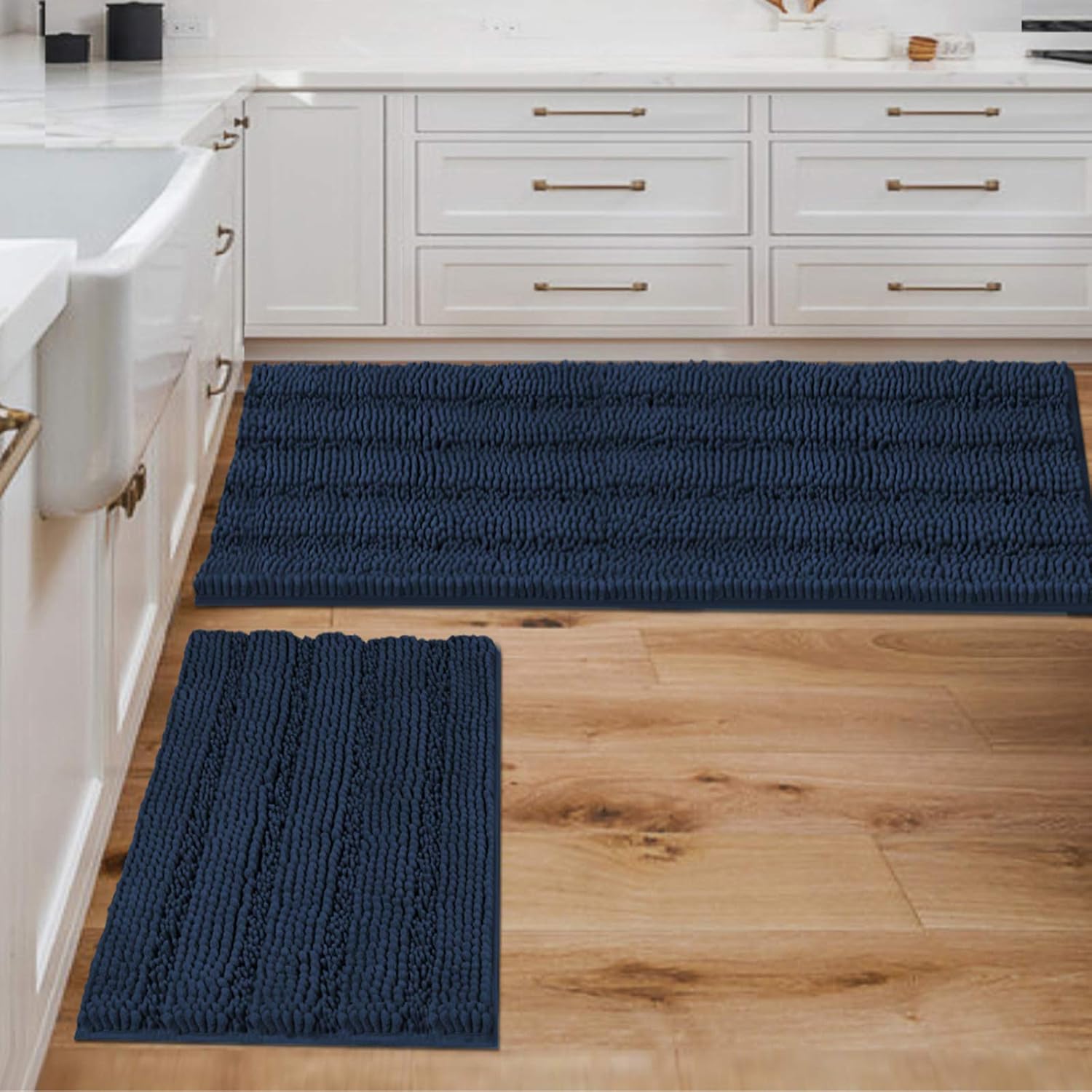 H.VERSAILTEX Sage Bathroom Rugs, Bath Mat Set of 2 Extra Thick Chenille Striped Pattern Shaggy Bath Rugs for Bath Room, Non Skid Bath Mats for Bathroom Floor (32 x 20 Plus 24 x 17 - Inches)