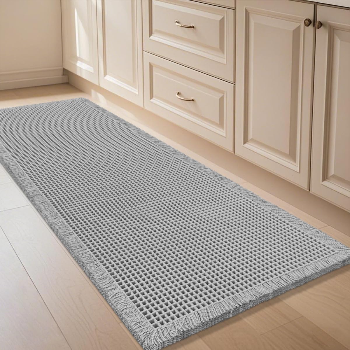 IM HOME Waffle Bath Mat Beige 32"x20", Boho Woven Modern Bath Mat Rugs, Absorbent Non Slip Bathroom Rugs, Soft Washable Bath Rugs with Tassels for Bathroom, Bedroom, Kitchen, Shower, Tub