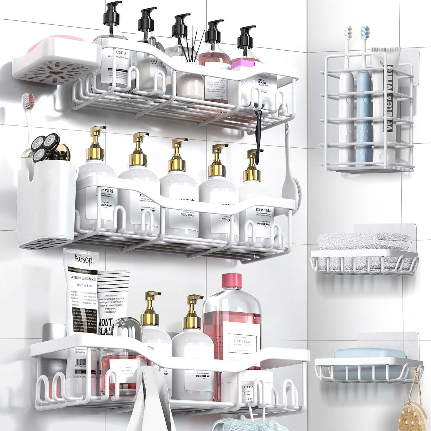 Shower Caddy Adhesive Shower Organizer 7-Pack, Rustproof Stainless Steel Bathroom Shelves, Large Capacity No-Drill Rack Storage Accessories with Soap Dish Toothbrush Holder &24 Hooks Home Decor