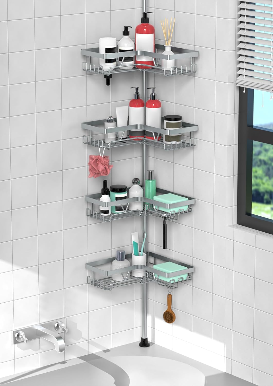 KEGII Corner Shower Caddy Tension Pole - Shower Tension Rod Organizer, Floor to Ceiling Shower Caddy 25-114.2 inch, Towel Rack Corner Waterproof, Black