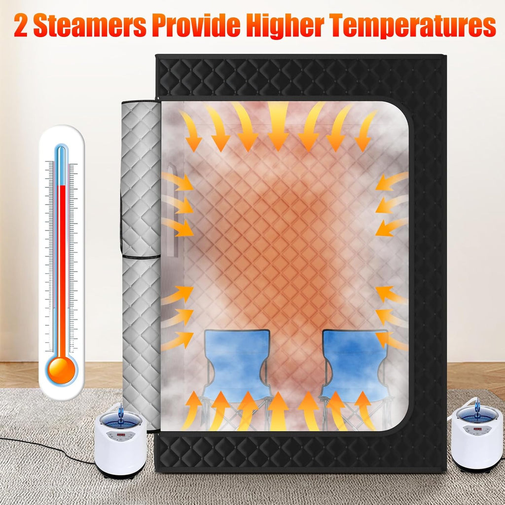 2 Person Sauna, Extra Large Sauna, Portable Steam Sauna Tent with 2 Steamers, 2 Folding Chair, 71”x 49”x 36”, Black
