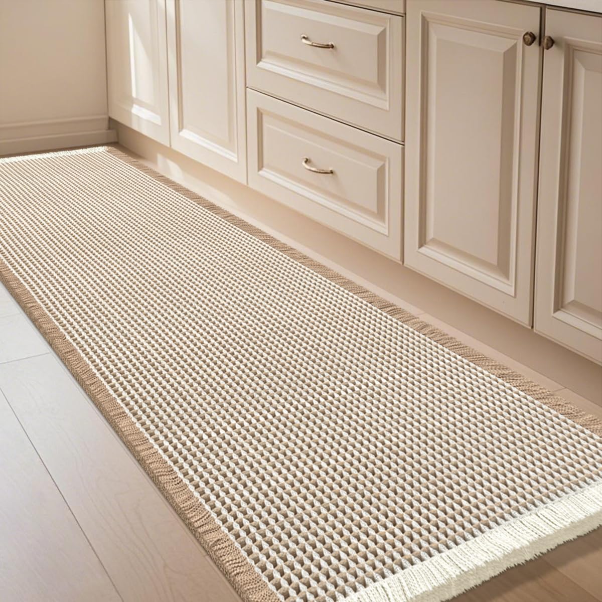 IM HOME Waffle Bath Mat Beige 32"x20", Boho Woven Modern Bath Mat Rugs, Absorbent Non Slip Bathroom Rugs, Soft Washable Bath Rugs with Tassels for Bathroom, Bedroom, Kitchen, Shower, Tub