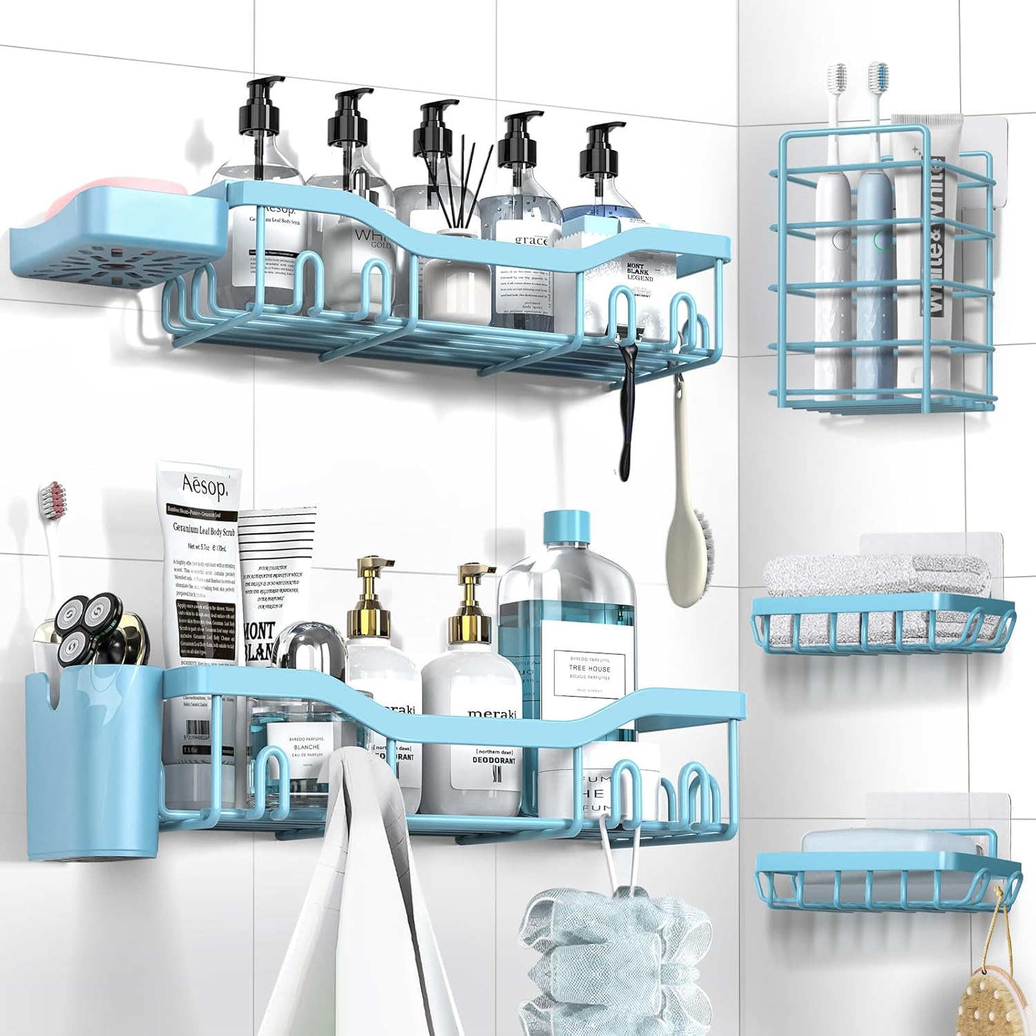 Shower Caddy Adhesive Shower Organizer 7-Pack, Rustproof Stainless Steel Bathroom Shelves, Large Capacity No-Drill Rack Storage Accessories with Soap Dish Toothbrush Holder &24 Hooks Home Decor