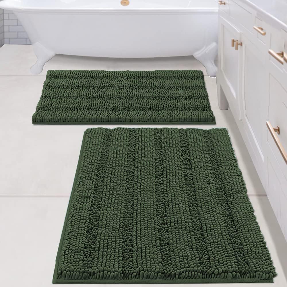 H.VERSAILTEX Sage Bathroom Rugs, Bath Mat Set of 2 Extra Thick Chenille Striped Pattern Shaggy Bath Rugs for Bath Room, Non Skid Bath Mats for Bathroom Floor (32 x 20 Plus 24 x 17 - Inches)